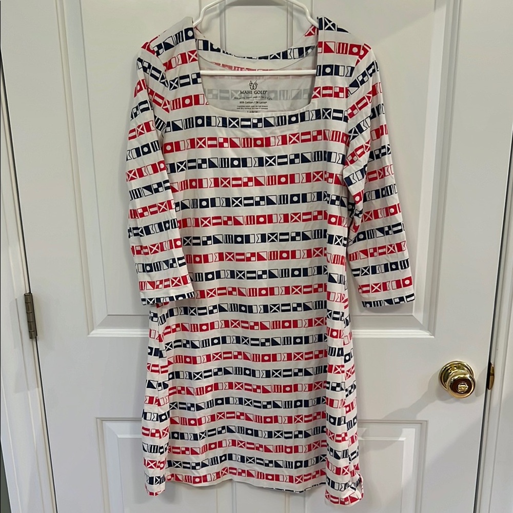 Mahi Gold Nautical Flag Dress size L red white and blue